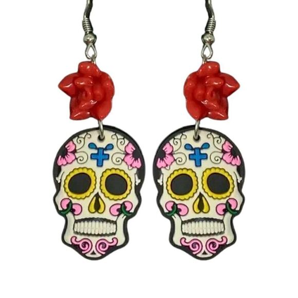 NEW White Day of the Dead Sugar Skull Drop Earrings - Picture 1 of 8
